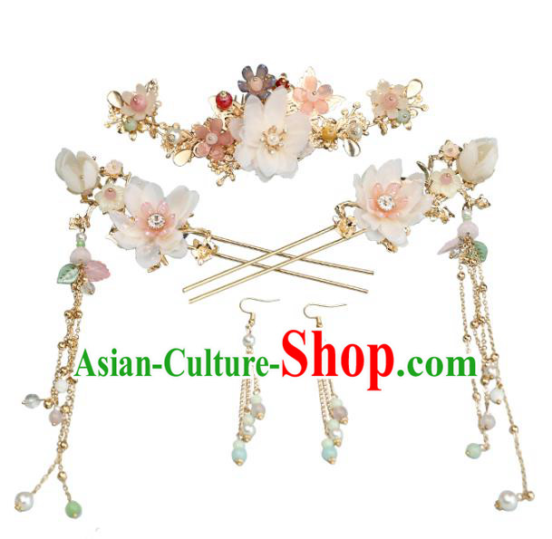 Chinese Classical Wedding Silk Flower Hair Comb Traditional Bride Hair Accessories Handmade Hanfu Tassel Hairpins and Earrings Complete Set