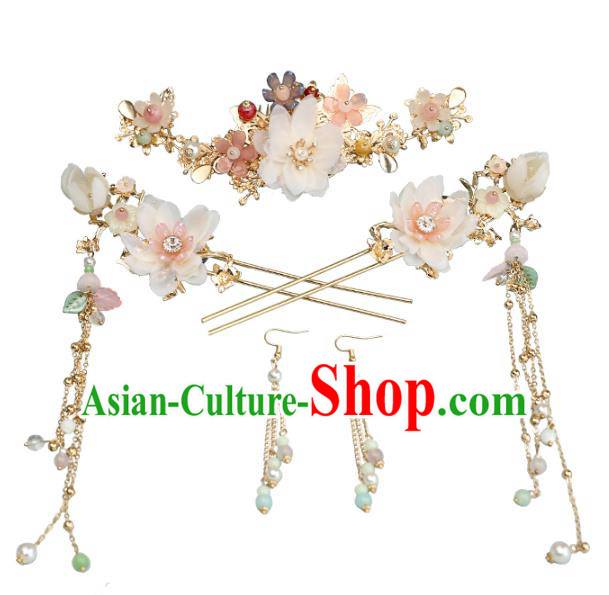Chinese Classical Wedding Silk Flower Hair Comb Traditional Bride Hair Accessories Handmade Hanfu Tassel Hairpins and Earrings Complete Set