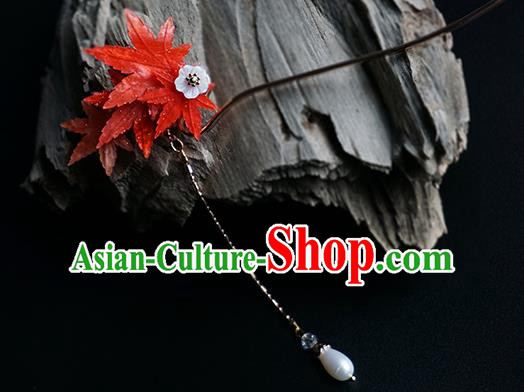 Handmade Chinese Classical Red Maple Leaf Hair Clip Traditional Hair Accessories Ancient Hanfu Pearl Tassel Hairpins for Women