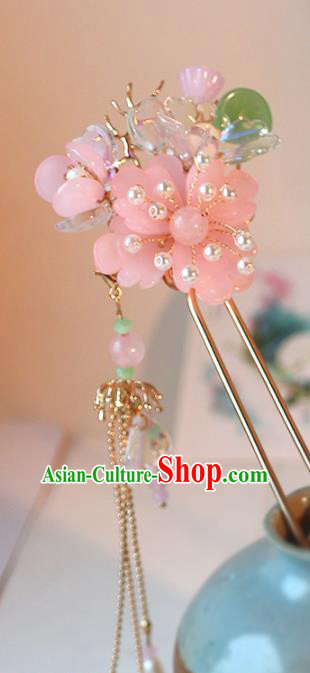 Handmade Chinese Classical Pink Plum Hair Clip Traditional Hair Accessories Ancient Hanfu Tassel Hairpins for Women