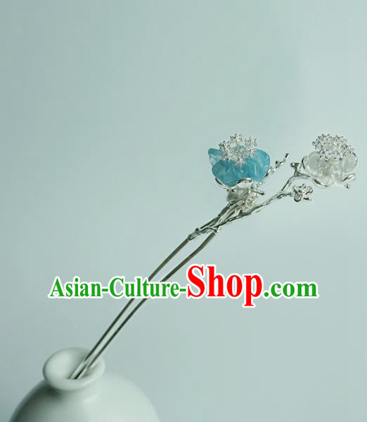 Handmade Chinese Blue Plum Hair Clip Traditional Hair Accessories Ancient Hanfu Classical Argent Hairpins for Women