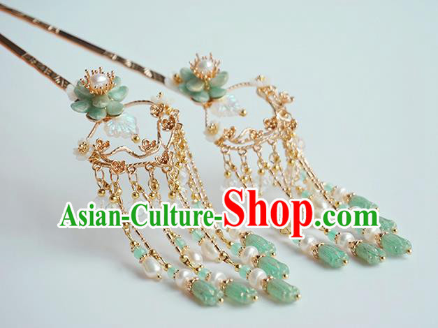 Handmade Chinese Green Beads Tassel Hair Clip Traditional Hair Accessories Ancient Hanfu Classical Shell Flower Hairpins for Women