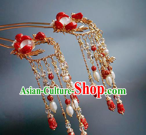 Handmade Chinese Red Beads Tassel Hair Clip Traditional Hair Accessories Ancient Hanfu Classical Albite Hairpins for Women