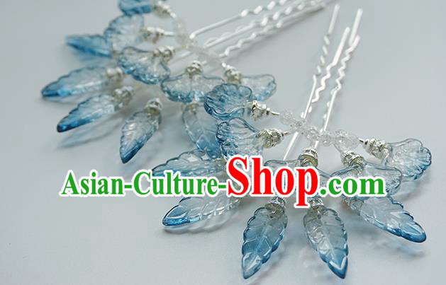 Handmade Chinese Blue Leaf Hair Clip Traditional Hair Accessories Ancient Hanfu Classical Argent Hairpins for Women