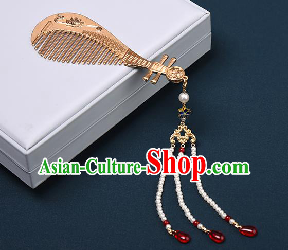 Chinese Traditional Hanfu Pearls Tassel Hair Comb Hair Accessories Handmade Tang Dynasty Golden Hairpins for Women