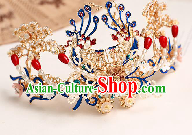 Chinese Classical Wedding Pearls Hair Comb Traditional Bride Hair Accessories Handmade Hanfu Golden Phoenix Hair Comb