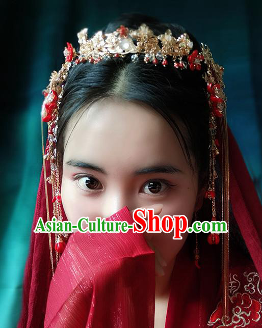 Chinese Classical Wedding Red Beads Tassel Hair Crown Traditional Bride Hair Accessories Handmade Hanfu Golden Cloud Hairpins