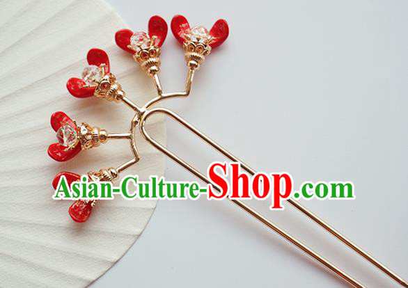 Handmade Chinese Red Flowers Hair Clip Traditional Hair Accessories Ancient Hanfu Classical Golden Hairpins for Women