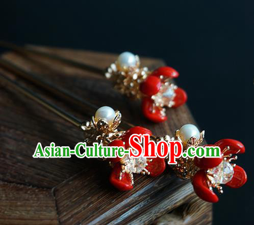 Handmade Chinese Crystal Hair Clip Traditional Hair Accessories Ancient Hanfu Classical Red Flowers Hairpins for Women