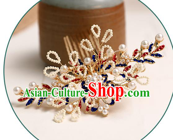 Chinese Classical Wedding Leaf Hair Comb Traditional Bride Hair Accessories Handmade Hanfu White Beads Hair Crown