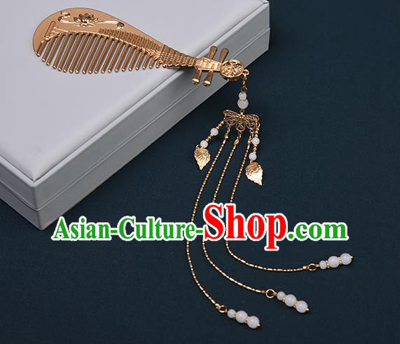 Chinese Traditional Hanfu Tassel Hair Comb Hair Accessories Handmade Tang Dynasty Golden Lute Hairpins for Women