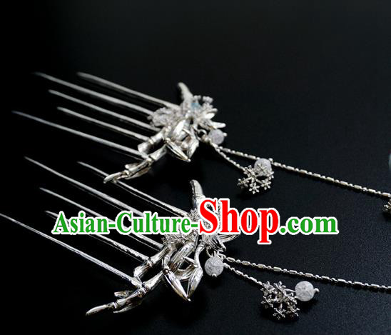 Handmade Chinese Argent Bamboo Hair Comb Traditional Hair Accessories Ancient Hanfu Classical Tassel Hairpins for Women