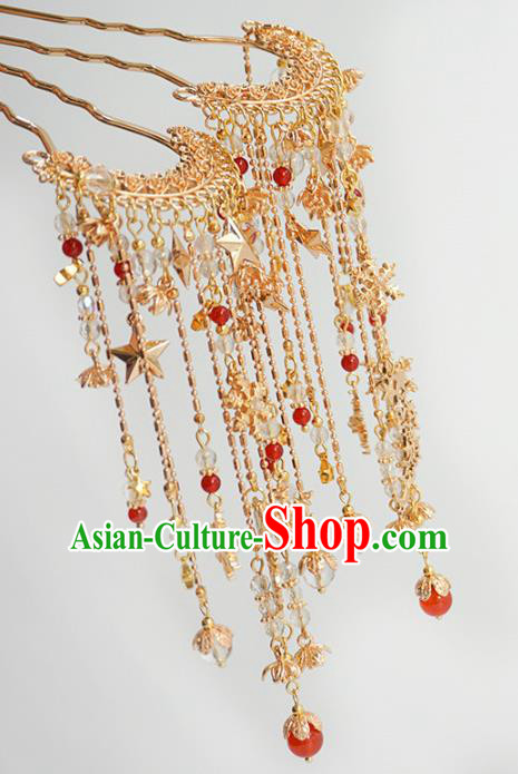 Handmade Chinese Golden Hair Clip Traditional Hair Accessories Ancient Hanfu Classical Star Tassel Hairpins for Women