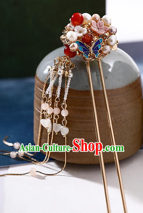 Handmade Chinese Classical Pearls Hair Clip Traditional Hair Accessories Ancient Hanfu Tassel Shell Hairpins for Women