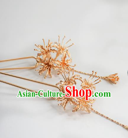 Handmade Chinese Golden Manjusaka Hair Clip Traditional Hair Accessories Ancient Hanfu Classical Tassel Hairpins for Women