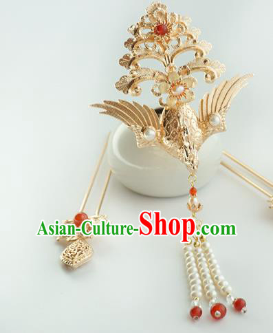 Chinese Classical Wedding Golden Phoenix Hair Crown and Hairpins Handmade Traditional Bride Hair Accessories Complete Set