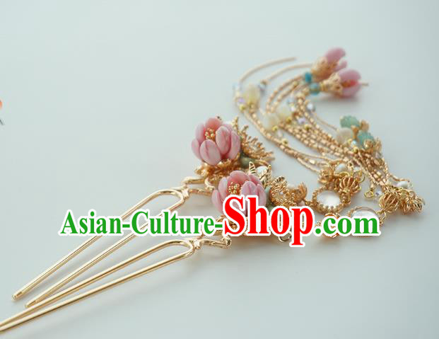 Handmade Chinese Pink Flower Hair Clip Traditional Hair Accessories Ancient Court Classical Golden Tassel Hairpins for Women