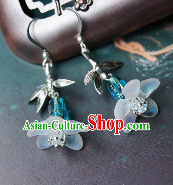 Chinese Handmade Hanfu Light Blue Glass Earrings Traditional Ear Jewelry Accessories Classical Flower Eardrop for Women