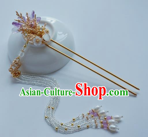 Handmade Chinese Beads Tassel Hair Clip Traditional Hair Accessories Ancient Hanfu Amethyst Flower Hairpins for Women