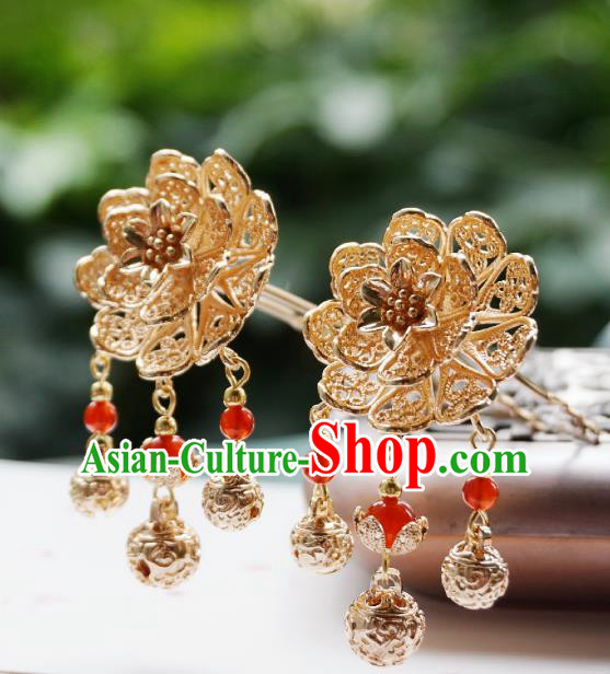 Handmade Chinese Golden Peony Tassel Hair Clip Traditional Hair Accessories Ancient Tang Dynasty Court Hairpins for Women