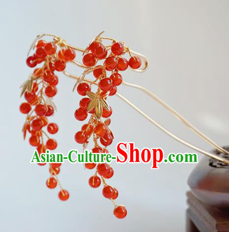 Handmade Chinese Hanfu Agate Hair Clip Traditional Hair Accessories Ancient Red Beads Hairpins for Women