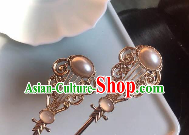 Handmade Chinese Tang Dynasty Pearl Hair Clip Traditional Hair Accessories Ancient Princess Golden Hairpins for Women