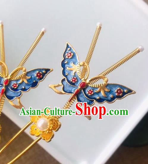 Handmade Chinese Qing Dynasty Court Hair Clip Traditional Hair Accessories Ancient Princess Blueing Butterfly Hairpins for Women