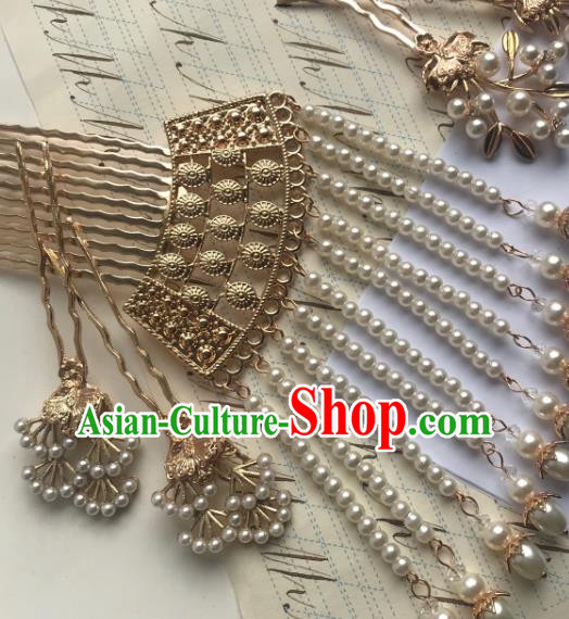 Handmade Chinese Tang Dynasty Court Hair Clip Traditional Hair Accessories Ancient Empress Beads Tassel Golden Hairpins for Women