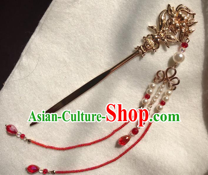 Handmade Chinese Tang Dynasty Golden Orchid Hair Clip Traditional Hair Accessories Ancient Empress Red Beads Tassel Hairpins for Women