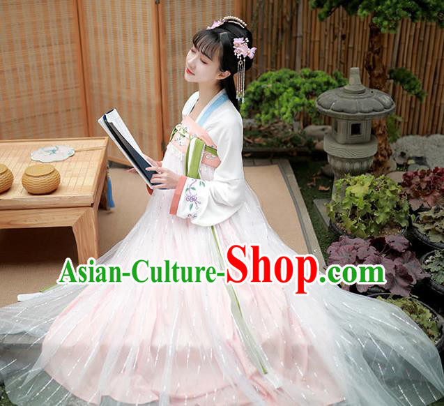 Chinese Traditional Tang Dynasty Noble Lady Hanfu Garment Ancient Costumes White Blouse and Pink Dress for Women