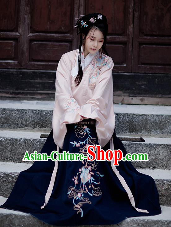 Chinese Ancient Ming Dynasty Hanfu Garment Costumes Traditional Embroidered Pink Blouse and Navy Skirt for Rich Lady