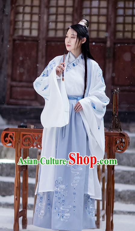 Chinese Ancient Swordsman Garment Costumes Traditional Ming Dynasty Scholar Hanfu Embroidered Cloak Shirt ans Skirt for Men