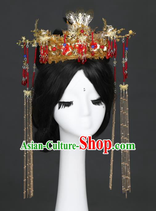 Chinese Traditional Ancient Princess Red Beads Tassel Hair Crown Handmade Bride Hair Accessories Hanfu Wedding Headwear for Women