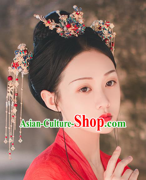 Chinese Classical Blueing Hair Crown and Hairpins Handmade Traditional Court Hair Accessories Phoenix Hair Comb Full Set