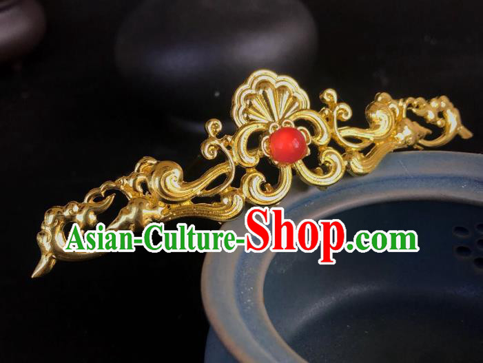 Handmade Chinese Tang Dynasty Palace Golden Hair Clip Traditional Hair Accessories Ancient Empress Red Stone Hairpins for Women