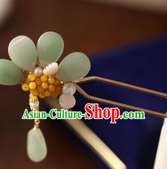 Handmade Chinese Cheongsam Green Jade Flower Hair Clip Traditional Hanfu Hair Accessories Beads Hairpins for Women