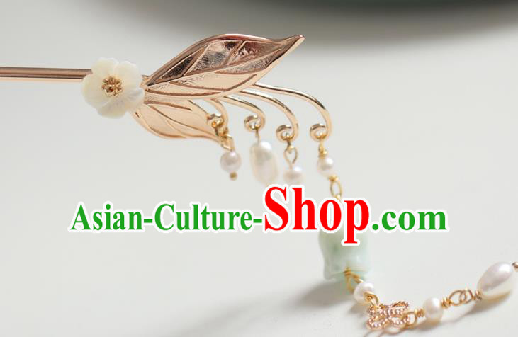 Handmade Chinese Cheongsam Convallaria Tassel Hair Clip Traditional Hanfu Hair Accessories Golden Leaf Hairpins for Women