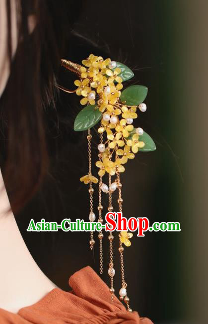 Handmade Chinese Cheongsam Yellow Fragrans Hair Clip Traditional Hanfu Hair Accessories Pearls Tassel Hairpins for Women