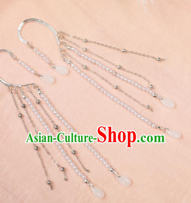 Traditional Chinese White Beads Ear Accessories Handmade Tassel Eardrop Ancient Female Swordsman Earrings for Women