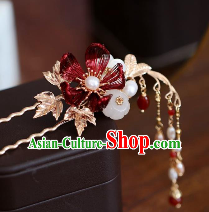 Handmade Chinese Cheongsam Red Flower Hair Clip Traditional Hanfu Hair Accessories Tassel Hairpins for Women