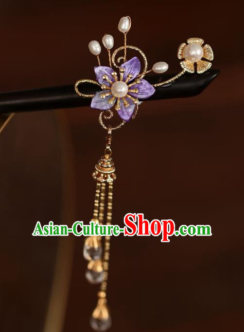 Handmade Chinese Cheongsam Purple Plum Hair Clip Traditional Hanfu Hair Accessories Ebony Pearls Hairpins for Women