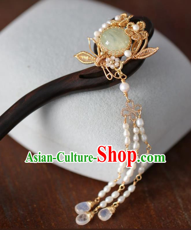 Handmade Chinese Cheongsam Chrysoprase Ebony Hair Clip Traditional Hanfu Hair Accessories Pearls Tassel Hairpins for Women