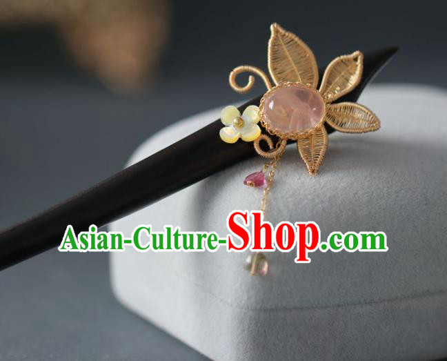 Handmade Chinese Cheongsam Pink Chalcedony Hair Clip Traditional Hanfu Hair Accessories Ebony Hairpins for Women