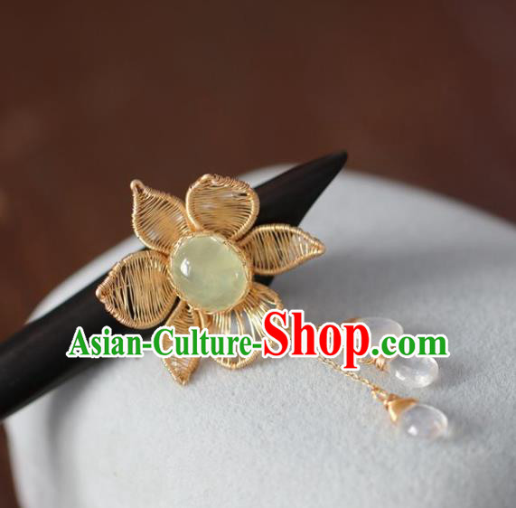 Handmade Chinese Cheongsam Chrysoprase Hair Clip Traditional Hanfu Hair Accessories Golden Flower Ebony Hairpins for Women