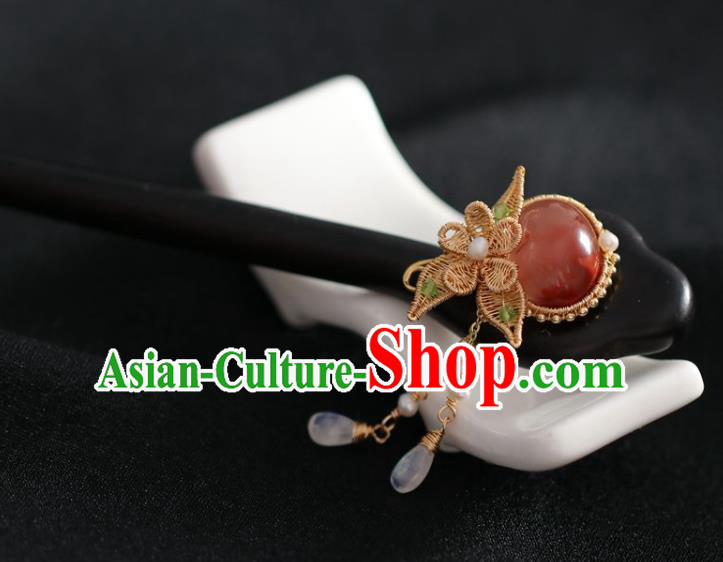 Handmade Chinese Cheongsam Red Stone Hair Clip Traditional Hanfu Hair Accessories Silk Flower Ebony Hairpins for Women