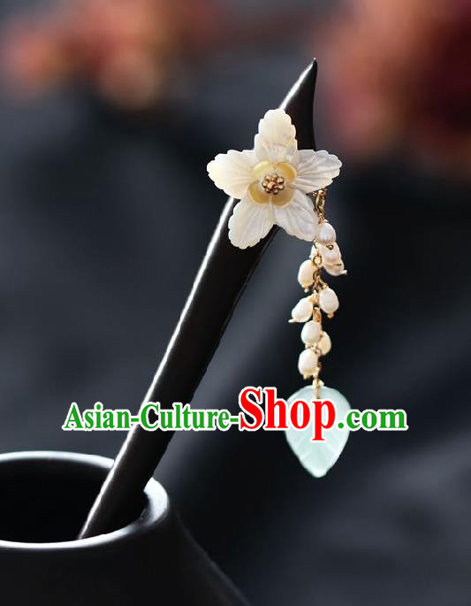 Handmade Chinese Cheongsam Pearls Tassel Shell Flower Hair Clip Traditional Hanfu Hair Accessories Ebony Hairpins for Women