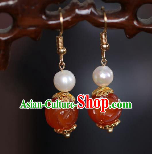 Chinese Handmade Hanfu Red Jade Earrings Traditional Ear Jewelry Accessories Classical Pearl Eardrop for Women