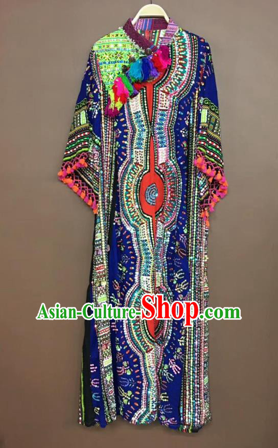 Thailand Traditional Embroidered Beads Deep Blue Dress Asian Thai National Beach Dress Photography Costumes for Women