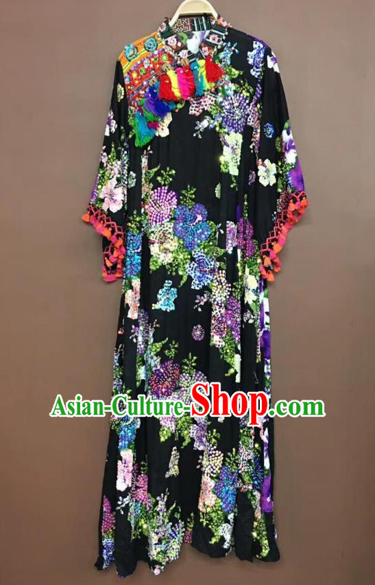 Thailand Traditional Embroidered Beads Purple Flowers Dress Asian Thai National Beach Dress Photography Costumes for Women