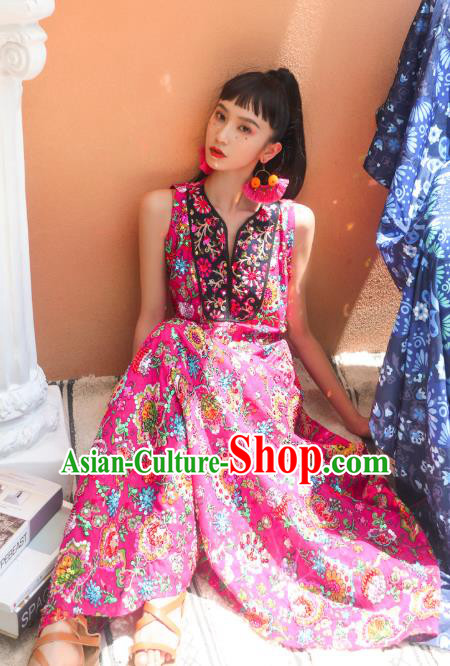 Thailand Traditional Sequins Pink Dress Asian Thai National Beach Dress Photography Costumes for Women